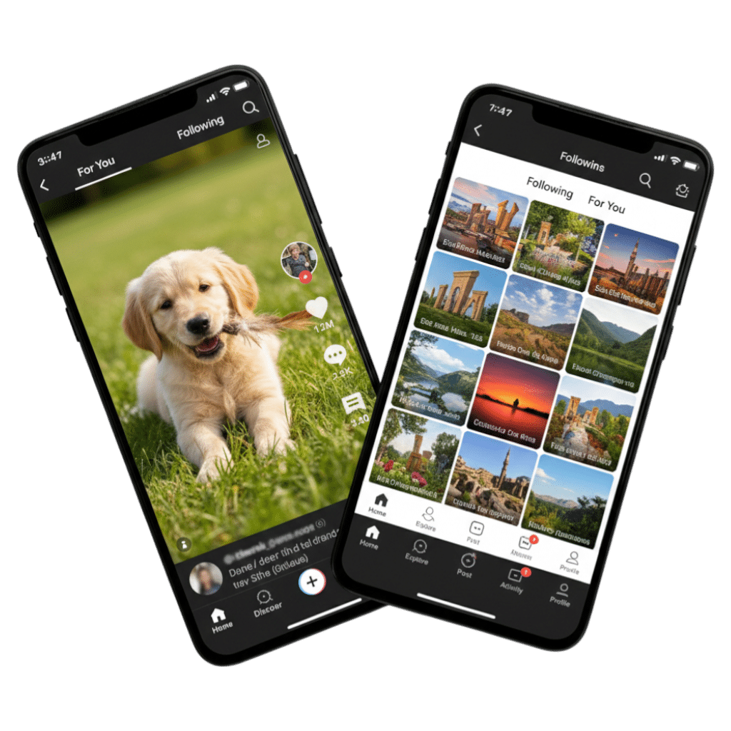 Mockup de aplicación móvil con interfaz de contenido y galería de imágenes